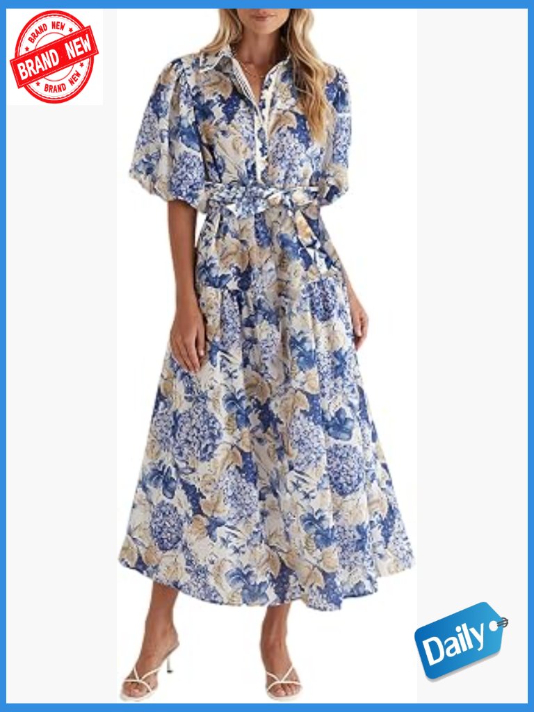Floral Maxi Wedding Guest Dress V-Neck Puff Sleeve Flowy Summer
